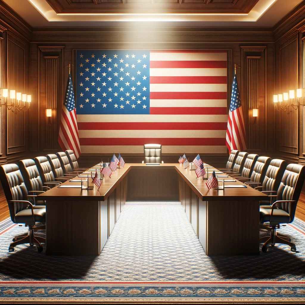 Conference room with a long table and an American flag in the background.