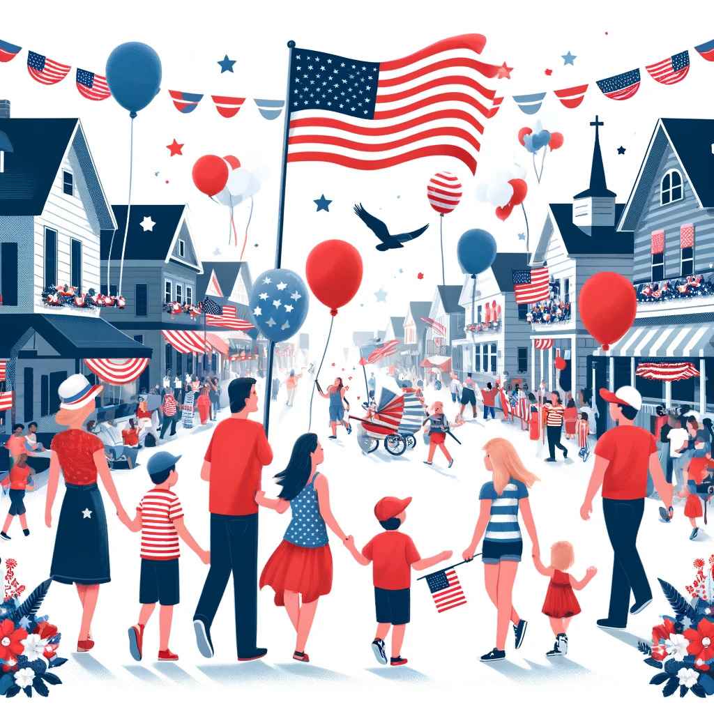 Families enjoying a Fourth of July parade with American flags, balloons, and banners.