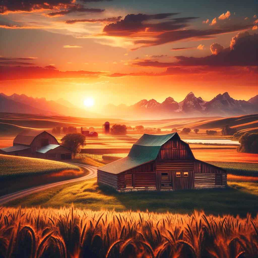 Serene farm with a rustic barn and sprawling fields at sunset.